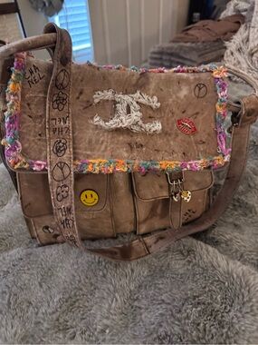 Brown Crossbody Messenger Bag with Multicolor Trim teal leather
